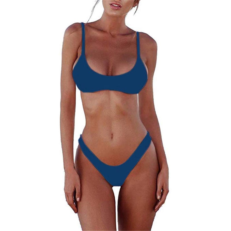 SherryDC Women's Solid Scoop Neck Push up Padded Brazilian Thong Bikini Swimsuit Deep Blue,M - Image 1